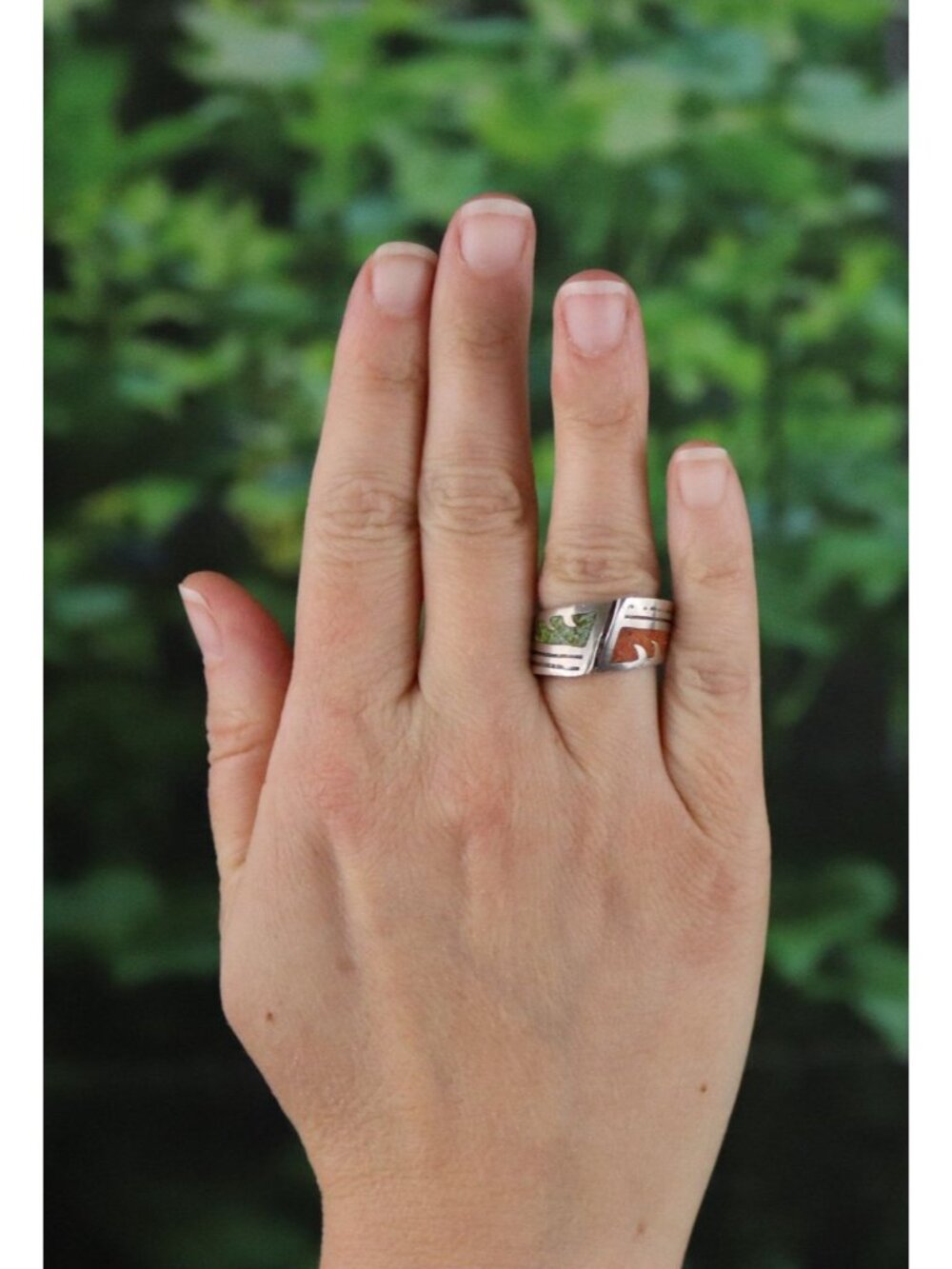 Sterling Silver Turquoise & Coral Band Ring Size 5 Woman Teen Child Pinky - Picture 2 of 7
